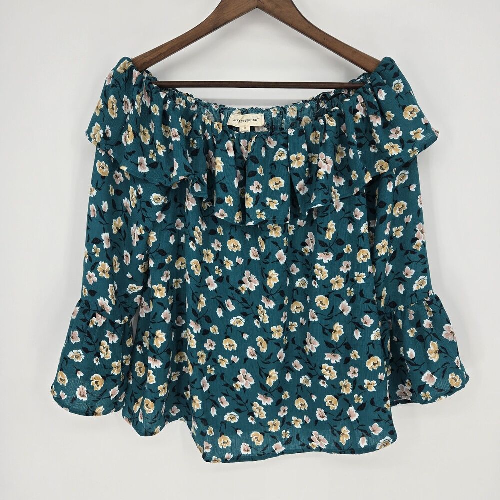 Coverstitched Floral Off Shoulder Bell Sleeve Peasant Blouse Small